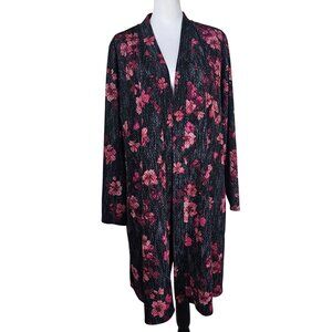 Susan‎ Graver Womens Open Front Floral Long Cardigan Sz 2X Black & Pink Relaxed